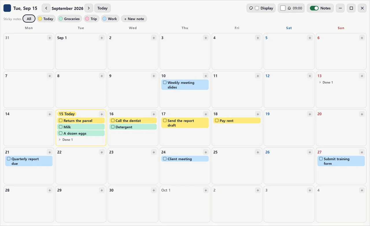 Desktop calendar: to-do chips in each date cell and a + button at the top right