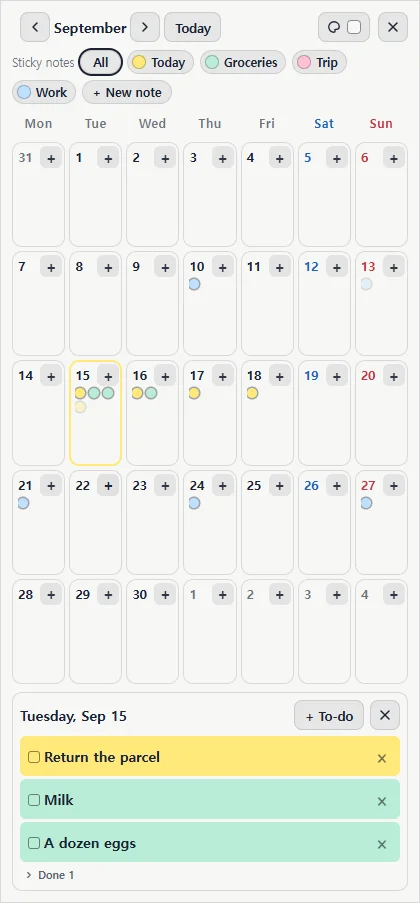 The Ppijuk calendar on a phone: color dots in the cells and the chosen day’s to-dos below