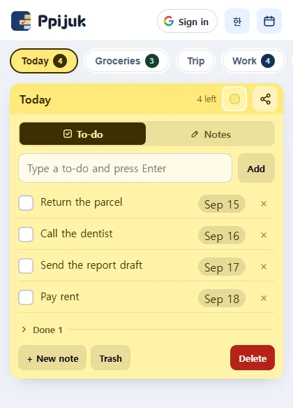 Ppijuk on Android and the web: note tabs and a to-do list with date badges