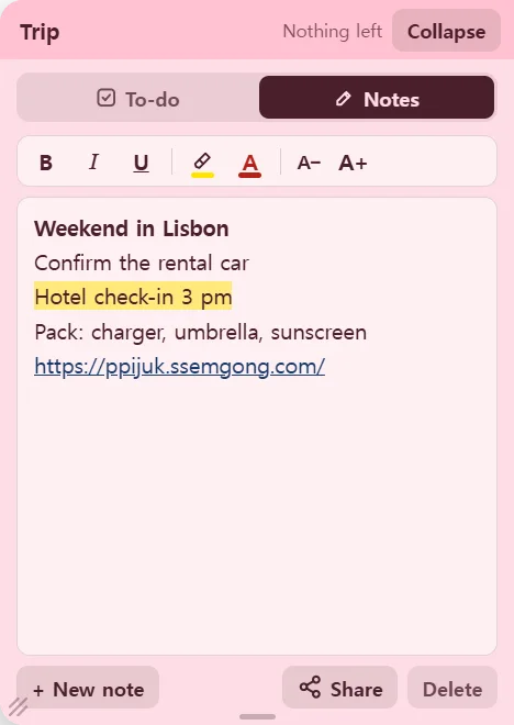 A Ppijuk note in Notes mode: free-form text with bold, highlight and a link