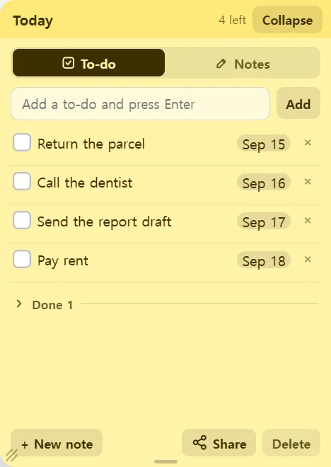 A Ppijuk note in To-do mode: a checklist with date badges and a folded Done section